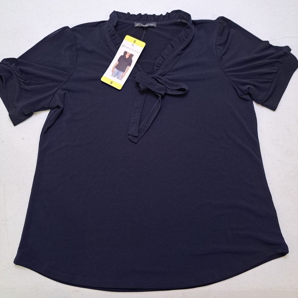 Adrianna Papell Womens Blouse S Navy NWT Ruffle Tie Front 1910-182